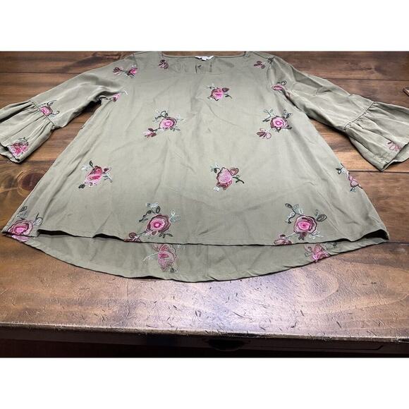 John Mark Women's M Olive Green Floral Embroidered Tunic Top 3/4 Bell Sleeve - Picture 5 of 11